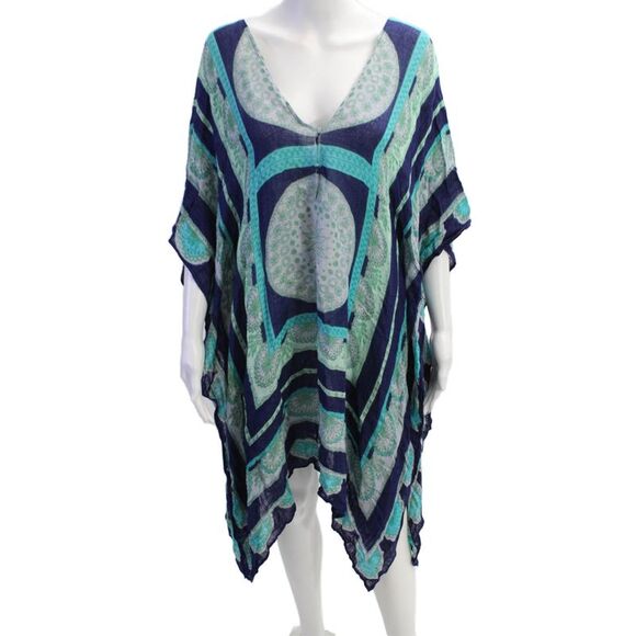 Theodora & Callum Other - Theodora & Callum Womens Linen Geometric Print Tunic Sheer Cover-Up Blue Size M